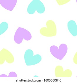 Seamless pattern of hearts delicate pastel colors of blue, purple and lemon. Wallpapers for Valentine's day, mother's day, wedding.