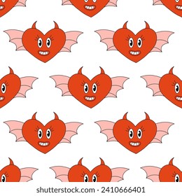 Seamless Pattern with Hearts Demon Characters for Valentine Day. Mascot in groovy and Y2k style. Vector cartoon illustration.