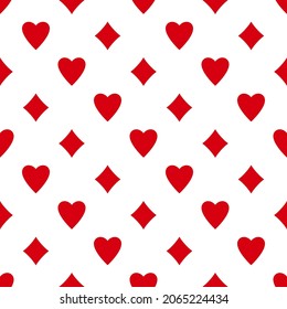 Seamless pattern with hearts and diamonds. Casino gambling, poker background. Alice in wonderland ornament.