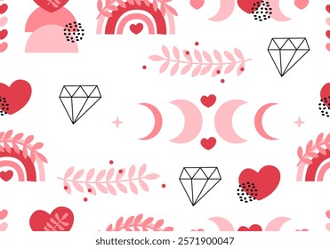 Seamless pattern with hearts, diamonds, love boho design pink background. Vector print for wallpaper, fabric, textile design, wrapping paper