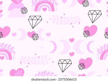 Seamless pattern with hearts, diamonds, love boho design pink background. Vector print for wallpaper, fabric, textile design, wrapping paper