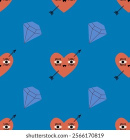 seamless pattern with hearts and diamonds for valentines day, flat vector illustration, perfect for your holiday background, textile, greeting card, wrapping