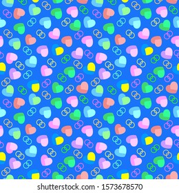 Seamless pattern of hearts in different colors on a blue background .Vector graphic 