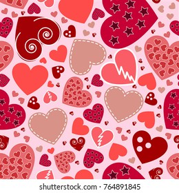 Seamless pattern of hearts in different colors and design