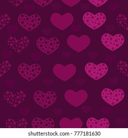 Seamless pattern of hearts of different sizes on a red background
