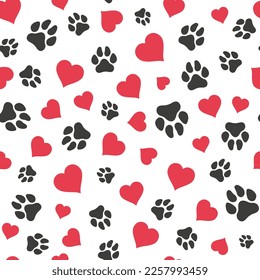 Patrón sin problemas con corazones y huellas de perro para el Día de San Valentín, amantes de perros, cumpleaños. Ilustración vectorial en estilo plano para su diseño