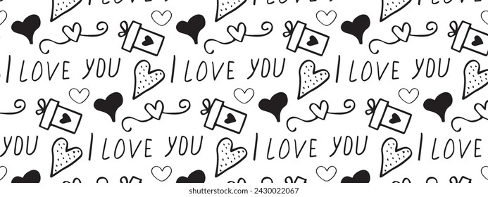 Seamless pattern with hearts in doodle style. Vector.