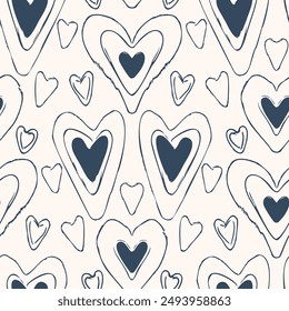 Nahtloses Muster mit Herzen im Doodle-Stil. Monochrome Vektorillustration.