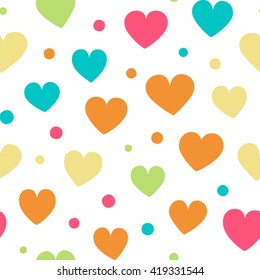 Seamless pattern with hearts and dots of fresh colors on a white background. Simple vector repeating texture.