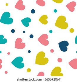 Seamless pattern with hearts and dots of fresh colors on a white background. Simple vector repeating texture.