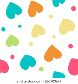 Seamless pattern with hearts and dots of fresh colors on a white background. Vector repeating texture.