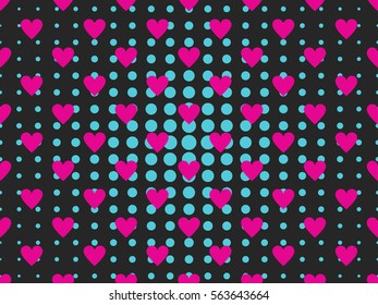 Seamless pattern with hearts and dots in a pop art style. Vector illustration