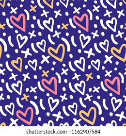 Seamless pattern of hearts, dots and signs.