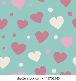 Seamless pattern with hearts and dots in summer colors. Simple vector repeating texture.