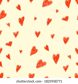 seamless pattern with hearts. Drawing drawn by hand with pencils.