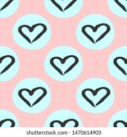 Seamless pattern with hearts drawn by hand with a rough brush. Sketch, watercolor, paint. Nice vector illustration. Pink, blue, black.