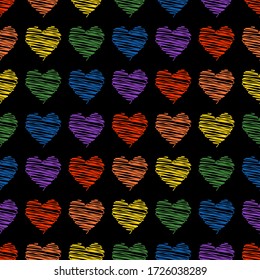 seamless pattern. hearts drawn by scribbles of red, orange, yellow, green, blue, and purple on a black background. Symbolism LGBT