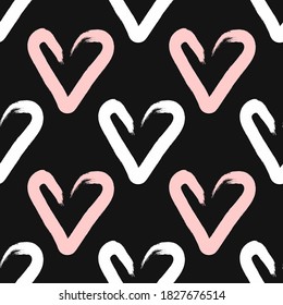 Seamless pattern with hearts drawn by hand with a rough brush. Sketch, grunge, graffiti, watercolor. Romantic vector illustration.