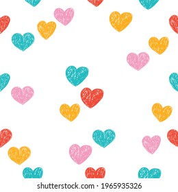 Seamless pattern with hearts drawn with colored pencils. Colorful background for fabrics, wallpaper, wrapping paper, perfumes, women's goods, Valentines day. Vector illustration isolated on white.