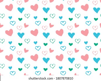 Seamless pattern of hearts drawn with crayons