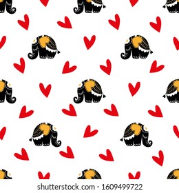 Seamless pattern with hearts and elephants. Love, valentines day, wedding. Hand-drawn vector illustration. Suitable for greetings, invitations, poster, banner, postcard, web, packaging.
