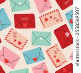 Seamless pattern with hearts and envelope. Valentine Day background. Holiday background for wrapping, textile.