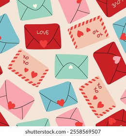 Seamless pattern with hearts and envelope. Valentine Day background. Holiday background for wrapping, textile.