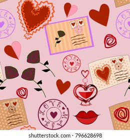 Seamless pattern with hearts, envelopes, letters, postal stamps, roses, lips and pink background.
