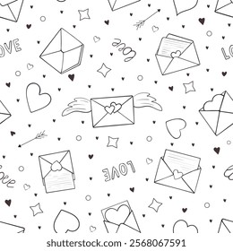 Seamless pattern with hearts and envelopes. Valentines day background with love letters for wrapping, textile, linen, nursery. Doodle envelopes, red hearts, arrows.