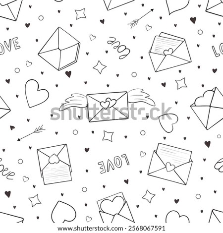 Seamless pattern with hearts and envelopes. Valentines day background with love letters for wrapping, textile, linen, nursery. Doodle envelopes, red hearts, arrows.