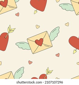 Seamless pattern with hearts and envelopes with wings for Valentine's Day. Vector