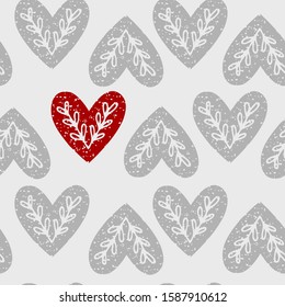 Seamless pattern of hearts with ethnic branch. Hearts pattern on grey background. Seamless pattern with ethnic style hearts. Scandinavian folk ornament on red background