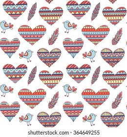 Seamless Pattern with Hearts in Ethnic Style, hand drawn vector illustration, can be used for wallpaper, web page background, greeting cards, fabric print