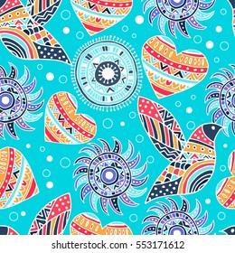Seamless Pattern with Hearts in Ethnic Style, hand drawn vector illustration, can be used for wallpaper, web page background, greeting cards, fabric print