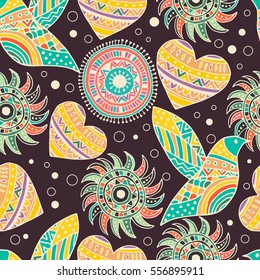 Seamless Pattern with Hearts in Ethnic Style, hand drawn vector illustration, can be used for wallpaper, web page background, greeting cards, fabric print