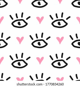 Seamless pattern with hearts and eyes drawn by hand. Sketch, doodle. Modern vector illustration.