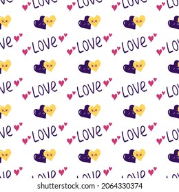 Seamless pattern with hearts with face and the word love. Festive decoration, print for valentine day, wedding, gift wrapping paper, textiles and holiday design.