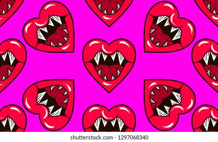 seamless pattern hearts with fangs and mouth