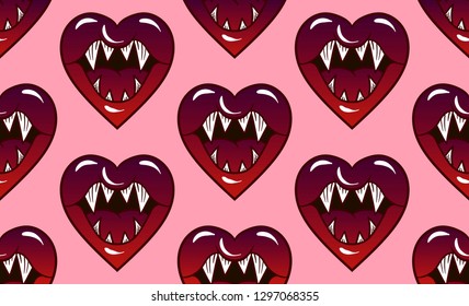 seamless pattern hearts with fangs and mouth