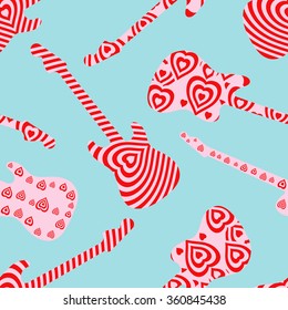 Seamless pattern with hearts finish guitar on blue background. Valentine's Day concept guitar silhouettes. Vector illustration