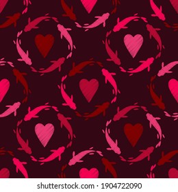 Seamless pattern with hearts and fish in the sea. Valentine's Day. Embroidery on fabric. Boho texture. Vector illustration for web design or print.