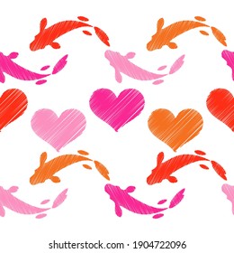 Patrón sin mar con corazones y peces en el mar. Día de San Valentín. Bordado en tela. Textura de Boho. Ilustración vectorial para diseño web o impresión.