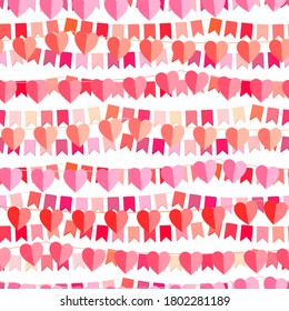 Seamless pattern with hearts and flags made of paper. Endless texture for season festive design