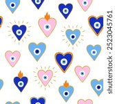 Seamless pattern of hearts with flame and Evil eyes. Esoteric mystical background. Cute hand draw icons. Modern talisman amulet design for a poster, sticker, home decor. Fabric textile print. Boho art