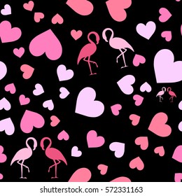 Seamless pattern with hearts and flamingo. Black background. Paper for print or gift.