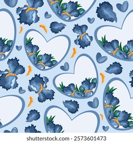 seamless pattern with hearts with floral design namely iris of different sizes, hearts and iris petals on a blue background