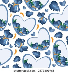 seamless pattern with hearts with floral design namely iris of different sizes, hearts and iris petals