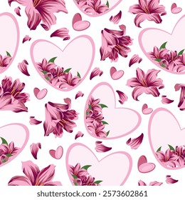 seamless pattern with hearts with floral design namely pink lilies of different sizes, hearts and lily petals