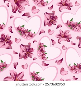 seamless pattern with hearts with floral design namely pink lilies of different sizes, hearts and lily petals on a pink background