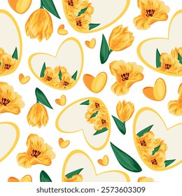seamless pattern with hearts with floral design namely yellow tulip of different sizes, hearts and tulip petals